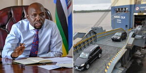 Transport Cabinet Secretary Kipchumba Murkomen at a meeting at his Nairobi office on April 18, 2024, and cars disembarking from a ship in Mombasa.