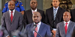 Transport CS Kipchumba Murkomen (centre) with his counterpart Kithure Kindiki (right) during a joint press conference on Tuesday, December 20, 2022.