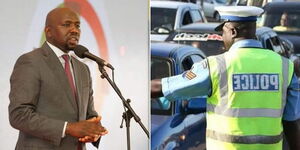 Photo collage of Transport Cabinet Secretary Kipchumba Murkomen speaking on Wednesday June 14, 2023 and police officer enforcing crackdown on Thika Road