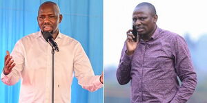 A photo collage of Transport CS Kipchumba Murkomen speaking in Mombasa on July 29, 2023 (left) and Kikuyu MP Kimani Ichung'wah talking on the phone on August 1, 2023 (right).