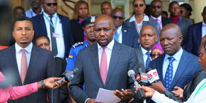 Transport Cabinet Secretary Kipchumba Murkomen addressing the media at the Jomo Kenyatta International Airport on November 7, 2023.