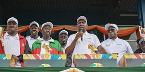 Transport CS Kipchumba Murkomen speaking in Baringo County during OKM Peace Cup tournament on November 26, 2023.