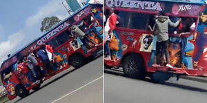 A photo collage of passengers hanging on a bus along a highway in Nairobi on December 22, 2023.