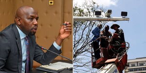 A photo collage of Transport CS Kipchumba Murkomen at his office on March 16, 2023 (left) and workers installing cameras along Kimathi Street on June, November 1, 2013 (right).