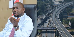 A photo collage of Transport Cabinet Secretary Kipchumba Murkomen speaking at his office on April 19, 2023 (left) and an aerial photo of the Nairobi Expressway (right).