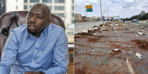 Transport Cabinet Secretary Kipchumba Murkomen at his office on July 7, 2023 (left) and the aftermath of the Nairobi Expressway damages caused on July 12, 2023 (right).