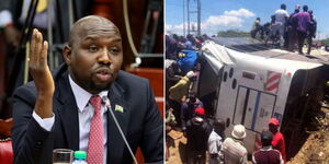 A photo collage of Transport Cabinet Secretary Kipchumba Murkomen (left) and the Pwani University bus involved in an accident on March 30, 2023 (right).