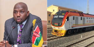 Transport Cabinet Secreatry Kipchumba Murkomen at a meeting in Uganda on May 26, 2023 (left) and the SGR train at the Voi Station on February 15, 2019 (right).