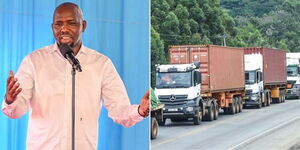 Transport CS Kipchumba Murkomen speaking in Mombasa on July 29, 2023 (left) and trucks at the Kenya - Uganda border. 