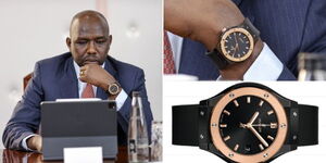 A photo collage of Transport Cabinet Secretary Kipchumba Murkomen wearing a Hublot Classic Fusion Ceramic King Gold watch at State House on June 27, 2023 (left) and the price of the watch as sold by the manufacturer (right)