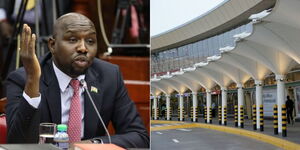 A photo collage of Transport CS Kipchumba Murkomen and a section of Jomo Kenyatta International Airport.