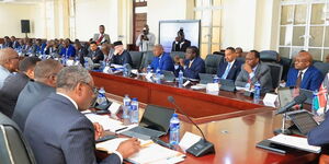 Prime CS Musalia Mudavadi (centre) and Principal Secretaries attend the National Development Implementation Committee (NDIC) meeting held on March 28, 2024. 