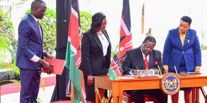 Prime Cabinet Secretary Musalia Mudavadi signing performance contract at State House, Nairobi on August 1, 2023.