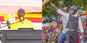 A collage of Yoweri Museveni and Bobi Wine