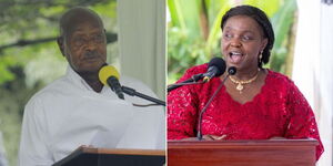 President Yoweri Museveni of Uganda speaking during the launch of his daughter's book on June 23, 2023 (left) and Pastor Dorcas Rigathi speaking at the event held at State House Uganda. 