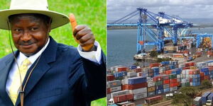 A photo collage of Ugandan President Yoweri Museveni and Mombasa Port. 