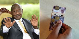 A collage of Ugandan President Yoweri Museveni and Kenyan local currency.