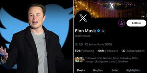 A photo of Elom Musk speaking during a conference at X (formerly Twitter) headquarters in 2023 and a screengrab of his account.