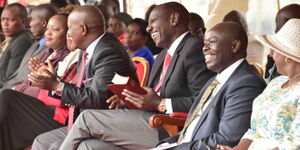 President William Ruto, Deputy President Rigathi Gachagua and Nyeri Governor Mutahi Kahiga during the ordination of Regional bishops for Pentecostal Evangelistic Fellowship of Africa (PEFA) in Karatina Stadium in Nyeri County.