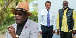 A collage image of UDA chairman Johnson Muthama (LEFT) and Machakos Governor Alfred Mutua posing for a photo with Deputy President William Ruto at his Machakos office on May 10, 2022 (RIGHT).