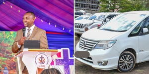 A side-by-side image of Kameme FM presenter Muthee Kiengei addressing a congregation at Jesus Christ Compassion Ministries and the front view of a new Nissan Serena.