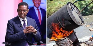 A photo collage of Foreign Affairs CS Alfred Mutua during an interview on Thursday, May 25, 2023 (left) and someone brewing chang'aa next to a river in Nairobi (right).