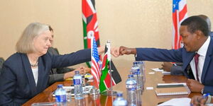 United States Ambassador to Kenya, Meg Whitman (right), and Cabinet Secretary for Trade, Alfred Mutua during a courtesy meeting in Nairobi on January 23, 2024.