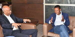 Foreign Affairs CS Alfred Mutua (right) in a meeting with Canadian Minister for International Development Ahmed Hussen on May 14, 2023.