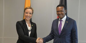 Foreign Affairs Cabinet Secretary Alfred Mutua and his Jamaican counterpart Kamina Smith shaking hands on June 20, 2023.