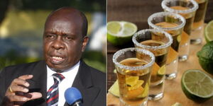  A collage of former NACADA chairman John Mututho and shot glasses containing vodka. 