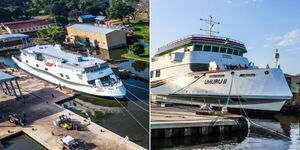 A photo collage of MV Uhuru II which was constructed at a cost of Ksh2.4 billion by the KDF in Kisumu on June 22, 2023.