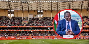 An image of Moi International Sports Centre (Kasarani) during the CHAN tournament in August 2025, with an image of Sports CS Salim Mvurya on the side.