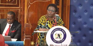 Meru Governor Kawira Mwangaza addresses Senators during her impeachment hearing on November 8, 2023.