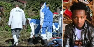 A screengrab image of officers during the exhuming exercise of Jeff Mwathi's body on March 31, 2023(Left) and a photo of Jeff Mwathi(Right) 