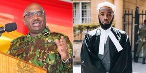 A photo collage of Inspector General of Police Japhet Koome speaking at the NPS Kiganjo training school (left) on August 8, 2023, and Brian Mwenda outside the Supreme Court (right).