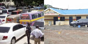 Cars abandoned at a police station (left) and Mwiki Police in Githurai, Nairobi County.
