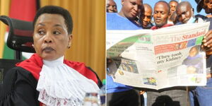 Photo collage of Deput Chief Justice Philomena Mwilu and people reading the Standard Newspaper