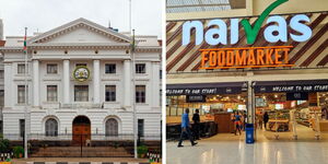 A photo collage of Nairobi County offices and an entrance of a Naivas supermarket, May 14, 2025.
