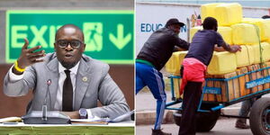 Nairobi Governor Johnson Sakaja (left) and vendors pushing a cart with water.