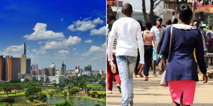 Photo collage of aerial view of Nairobi Central Business District and people walking on the streets