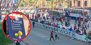 An aerial view of Kenyans walking through the streets of Nairobi city and an insert of the Oxford English Dictionary.