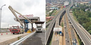 A photo collage of the workers at the Nairobi Expressway Mlolongo toll station on May 1, 2023 (left) and an aerial view of the 27-kilometre highway (right).