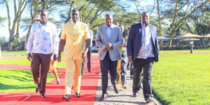 President William Ruto, his deputy Rigathi Gachagua and Cabinet Secretary for Interior Kithure Kindiki at Lake Naivasha resort, Nakuru, on February 21, 2024.