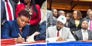 Health Cabinet Secretary Susan Nakhumicha, and KMPDU Sec Gen Davji Atellah sign a return to work formula  on May 8, 2024