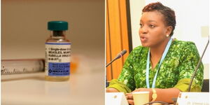A side-to-side image of the Cabinet Secretary Ministry of Health Susan Nakhumicha and a Measles vaccine.