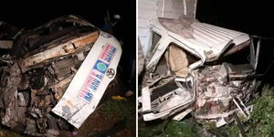 The wreckage of a 14-seater matatu and a lorry involved in an accident along Njoro –Elburgon Road in Nakuru on Thursday, May 8, 2025.