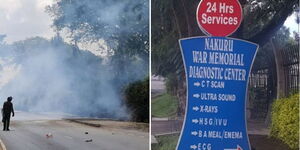 A collage of a teargas attack and Nakuru War Memorial hospital banner
