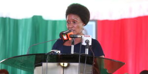TSC CEO Nancy Macharia speaking during the of the 2023 National Examination Season.