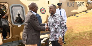 Trans Nzoia Governor George Natembeya receiving President William Ruto in the county on January 17, 2024.