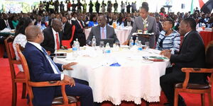 From left: Senate Speaker Amason Kingi, Pastor Dorcas Rigathi, Deputy President Rigathi Gachagua, President William Ruto, First Lady Rachel Ruto and National Assembly Speaker  Moses Wetangula at the National Prayer Breakfast on June 7, 2023. 